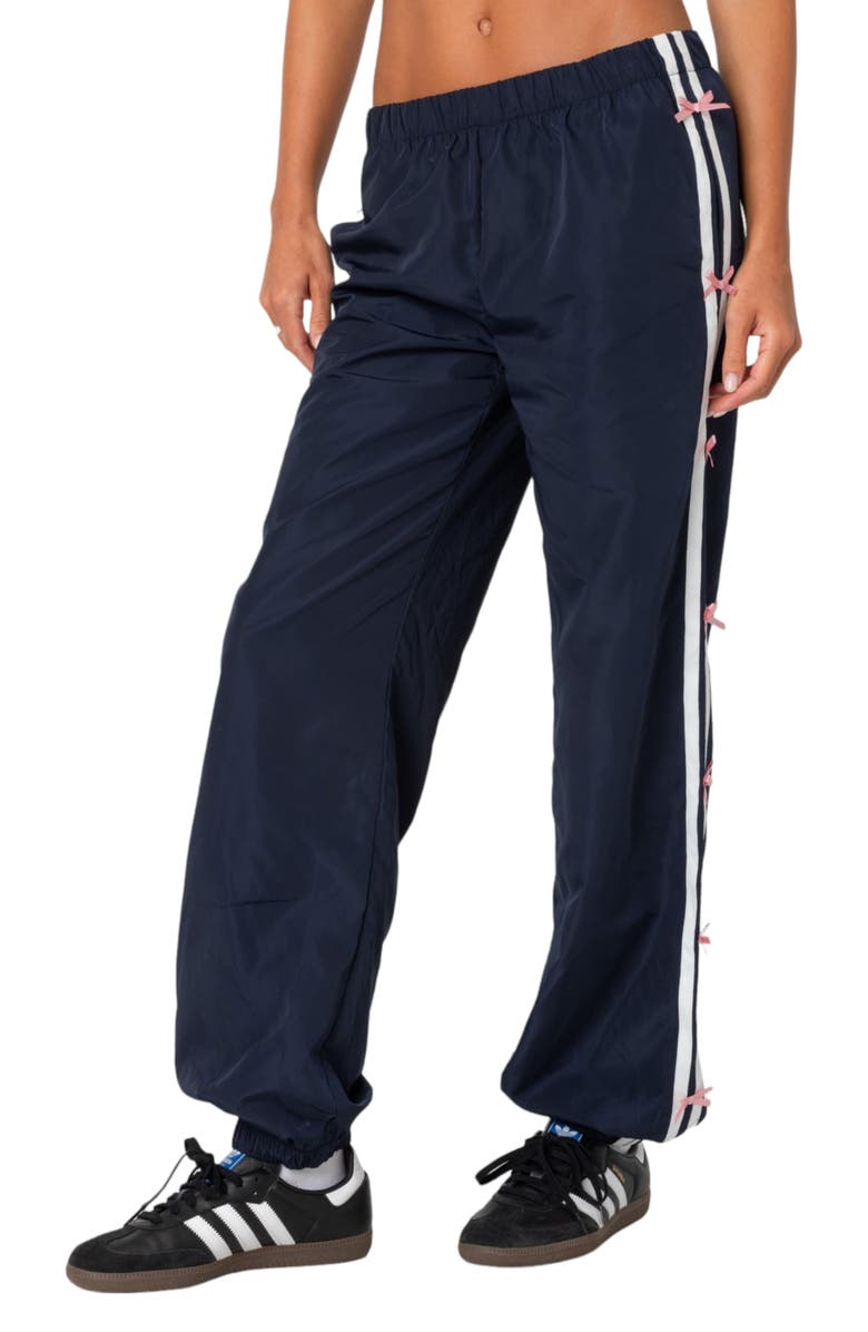 EDIKTED Bow Stripe Track Pants, Main, color, Navy