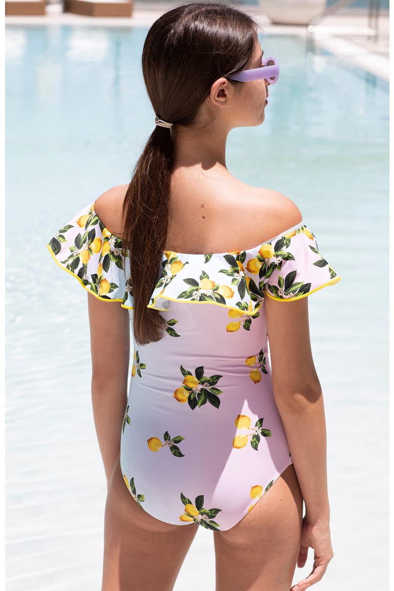 Off Shoulder Multicolor Lemon Print  One-Piece Swimsuit, Little Kid-Big Kid, Alternate, color, Multicolor