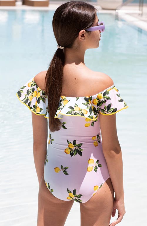 Nessi Byrd Off Shoulder Multicolor Lemon Print One-piece Swimsuit, Little Kid-big Kid In Multi
