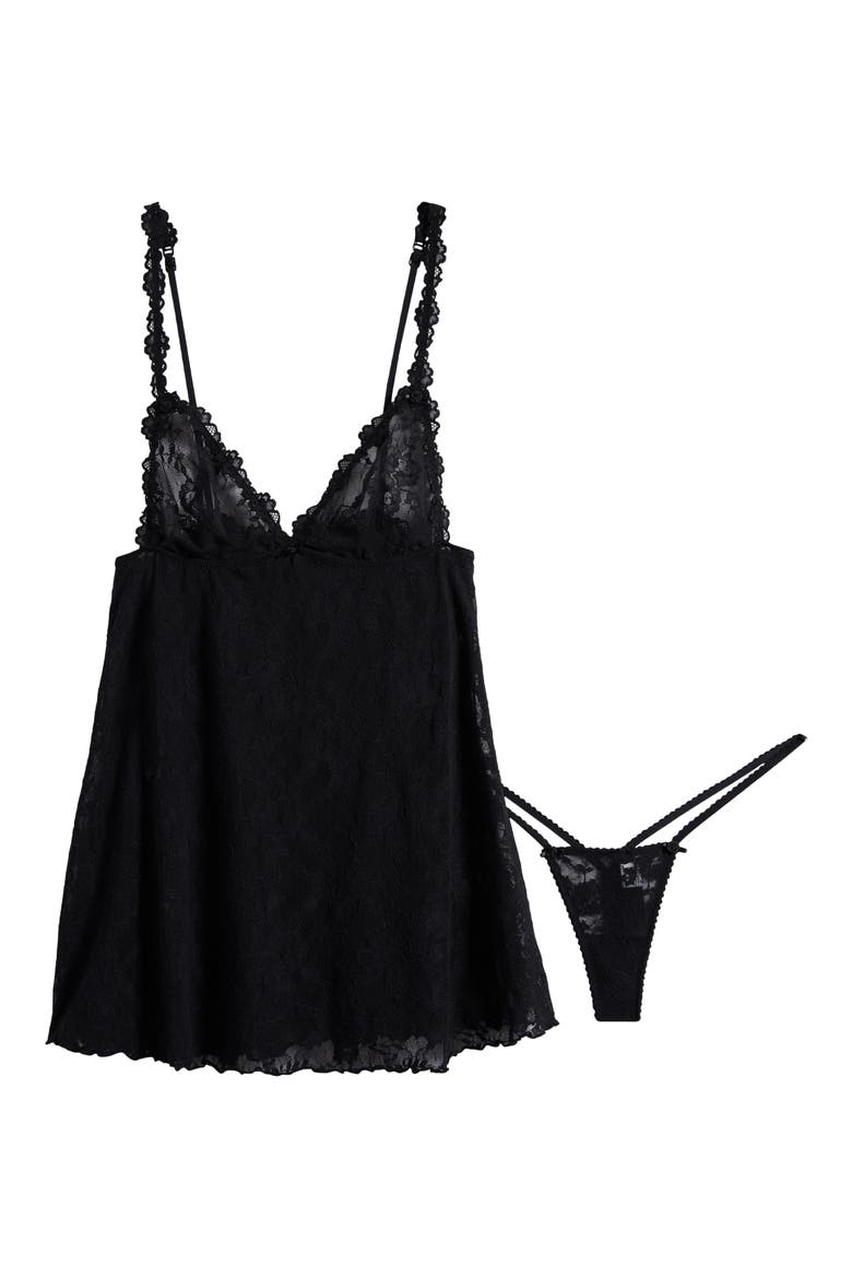 Stretch Lace Chemise & G-String Set, Alternate, color, SOOT