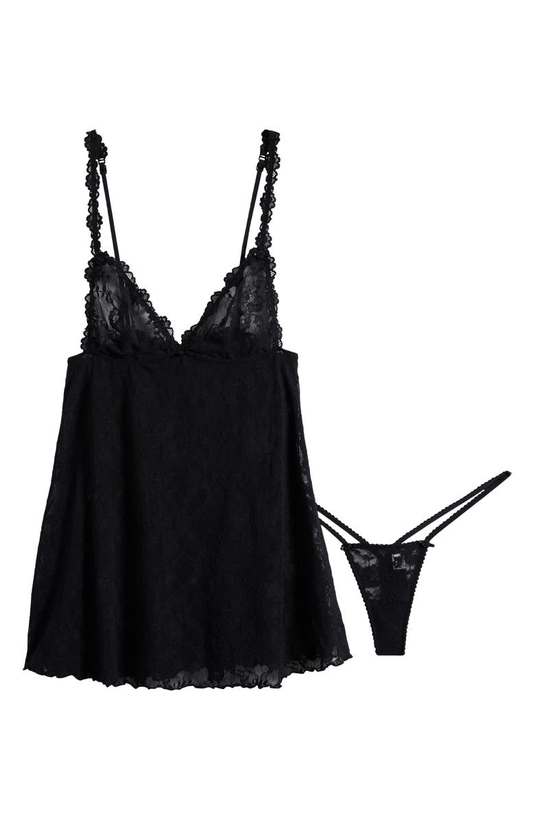 SKIMS Stretch Lace Chemise & G-String Set, Alternate, color, Soot