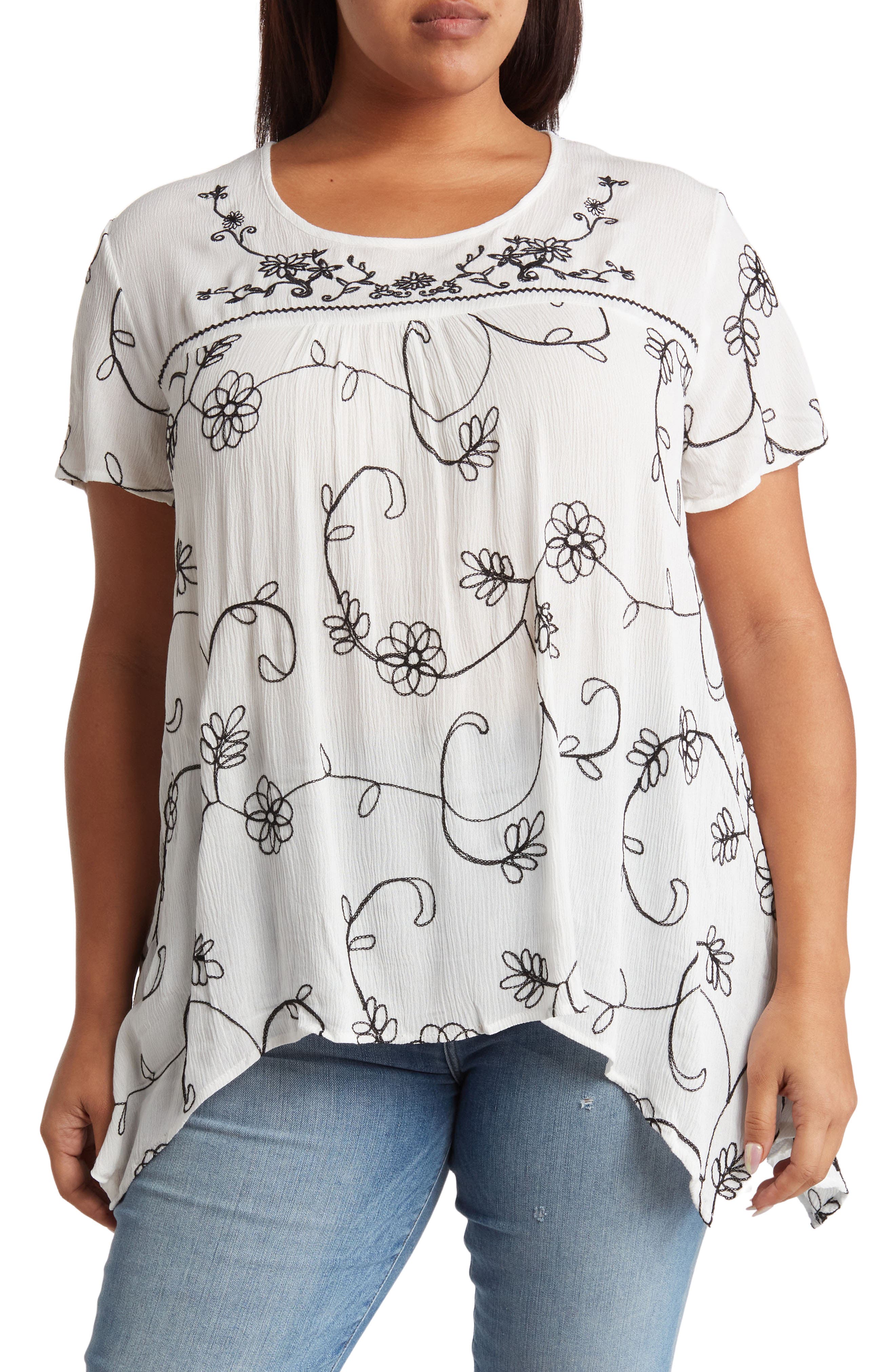 Forgotten Grace Floral Embroidered Sharkbite Tunic Blouse