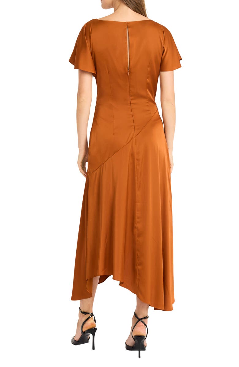 Maggy London Short Sleeve Asymmetric Hem Satin Midi Dress, Alternate, color, Fired Brick