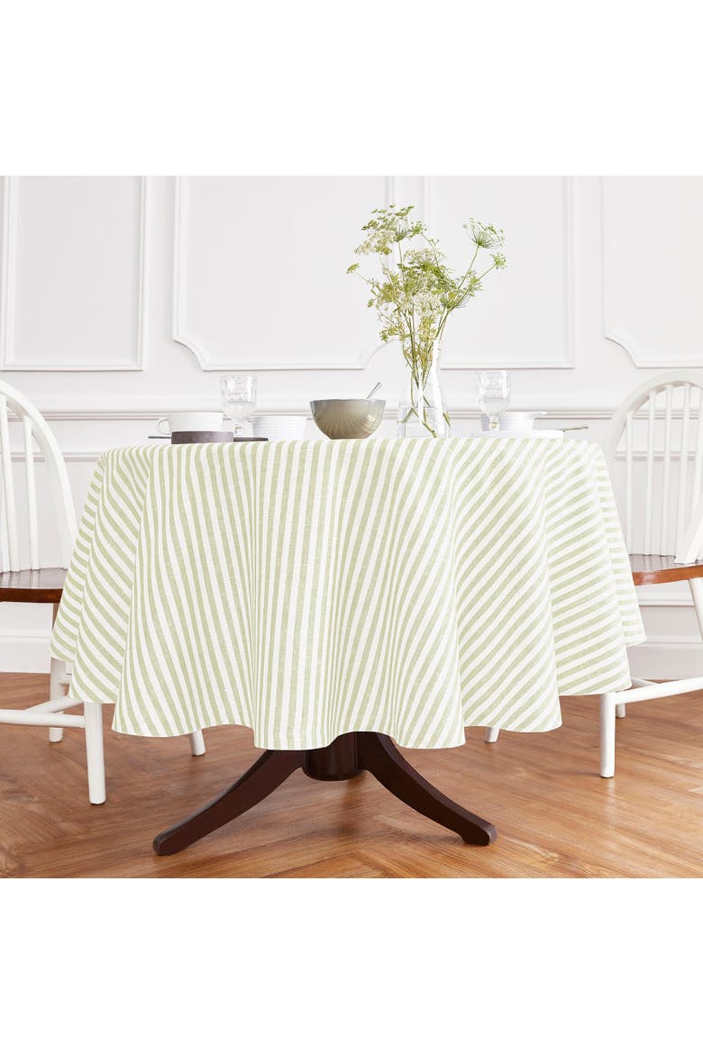 Linen Round Tablecloth - Amalfi Stripe, Alternate, color, Sage and White