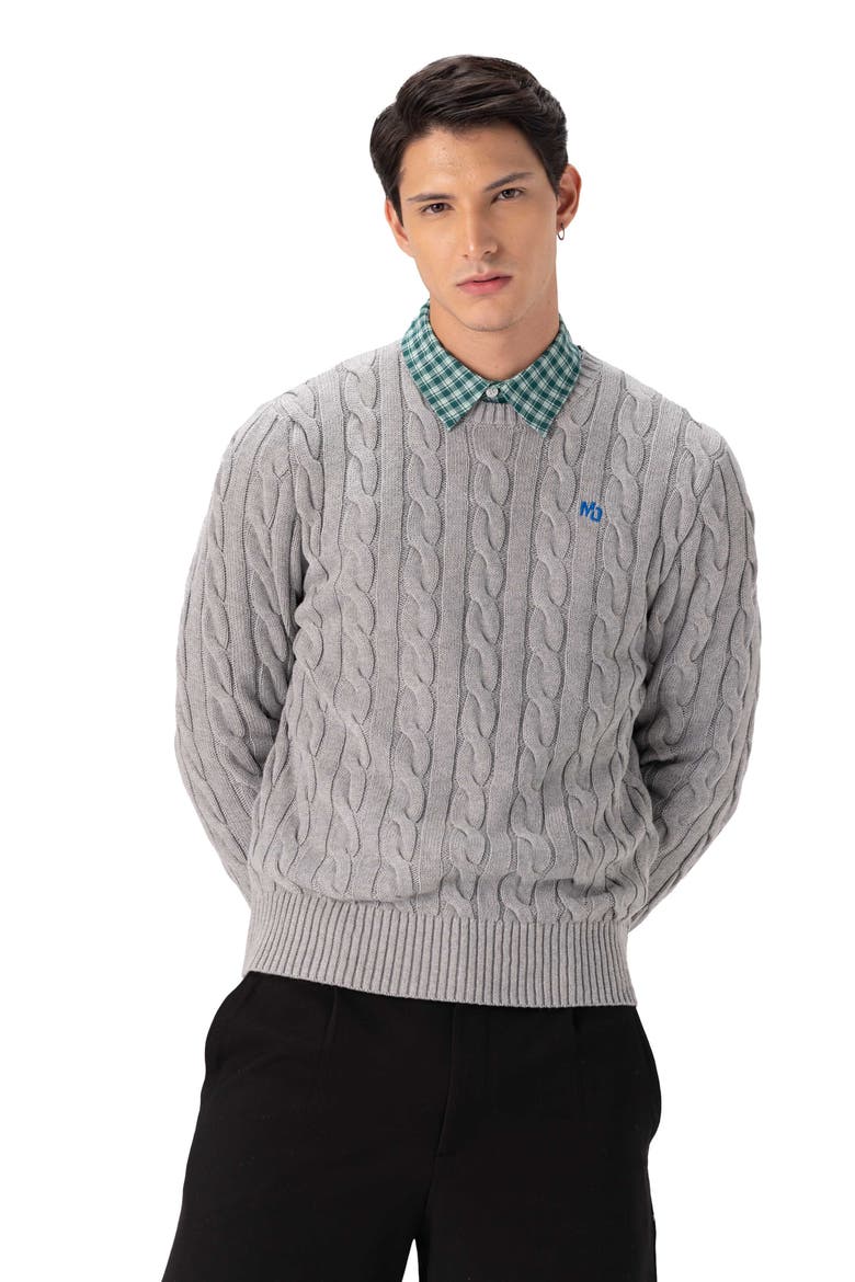 Men's Crew Neck Cable Sweater, Alternate, color, Grey