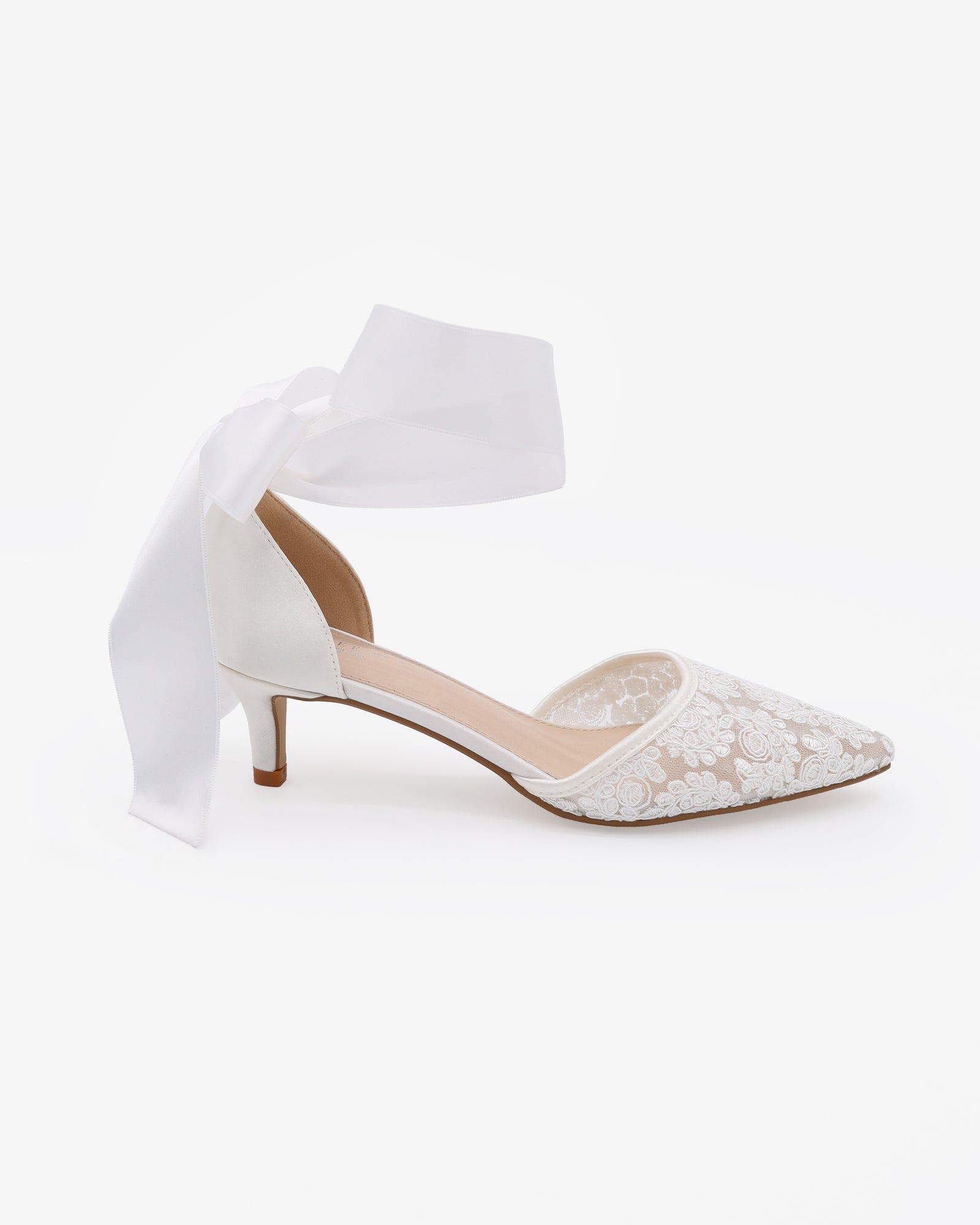 Kailee P Claudia Crochet Lace Pointy Toe Wedding Kitten Low Heel with Wrapped Satin Ribbon Tie, Main, color, White