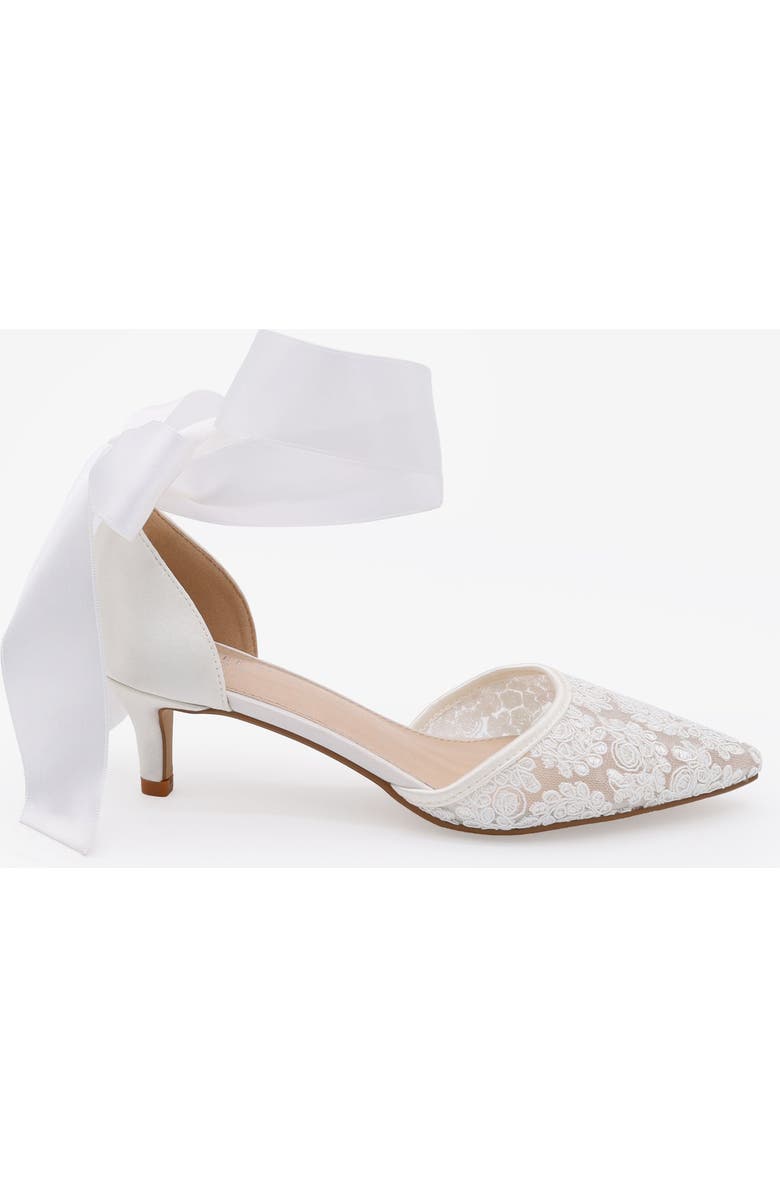 Kailee P Claudia Crochet Lace Pointy Toe Wedding Kitten Low Heel with Wrapped Satin Ribbon Tie, Main, color, White