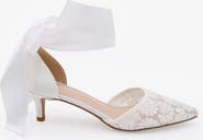 Kailee P Claudia Crochet Lace Pointy Toe Wedding Kitten Low Heel with Wrapped Satin Ribbon Tie