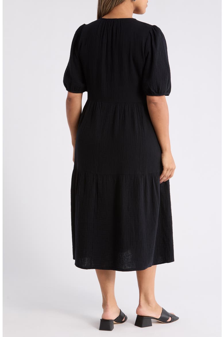 Puff Sleeve Cotton Gauze Midi Dress, Alternate, color, BLACK