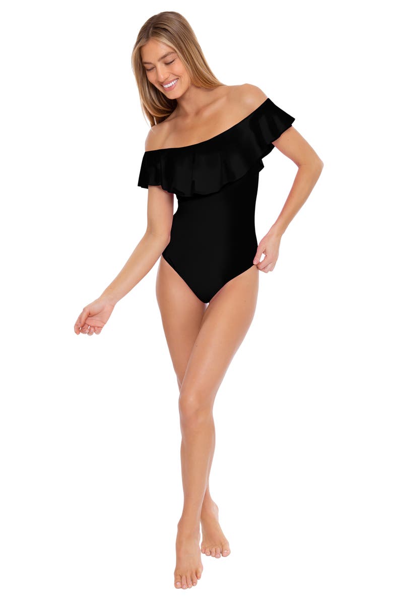 Trina Turk Monaco Off the Shoulder Ruffle One-Piece Swimsuit, Alternate, color, Black