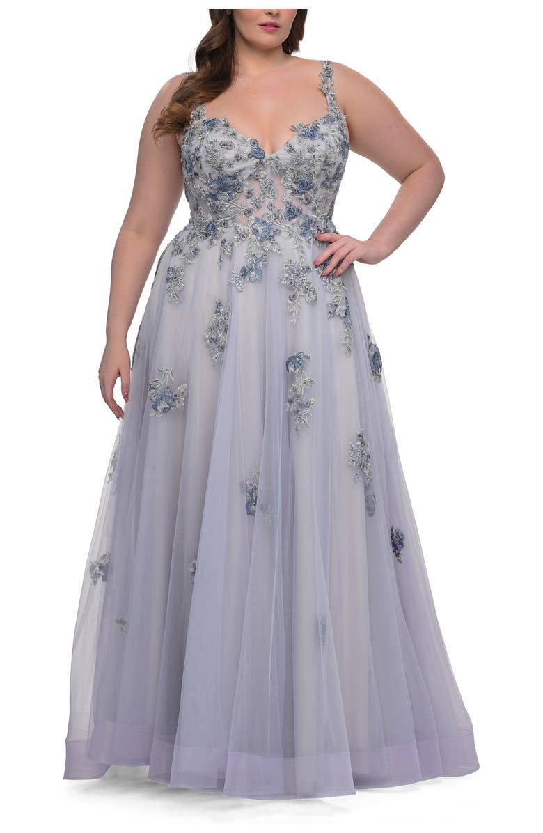 La Femme Lavender A-Line Plus Size Prom Dress with Lace, Alternate, color, Lavender