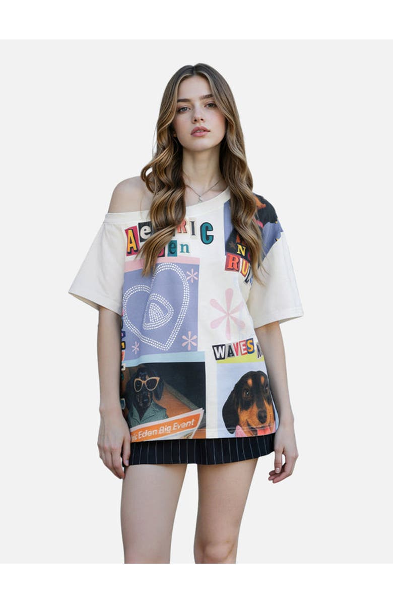 AELFRIC EDEN Dachshund Collage Off-the-Shoulder Tee, Main, color, White