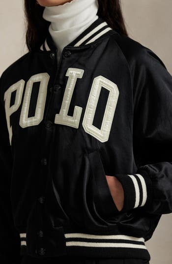 ラルフローレン★Logo Satin Bomber Jacket Polo Ralph Lauren logo-appliqué Satin Bomber Jacket | Blue