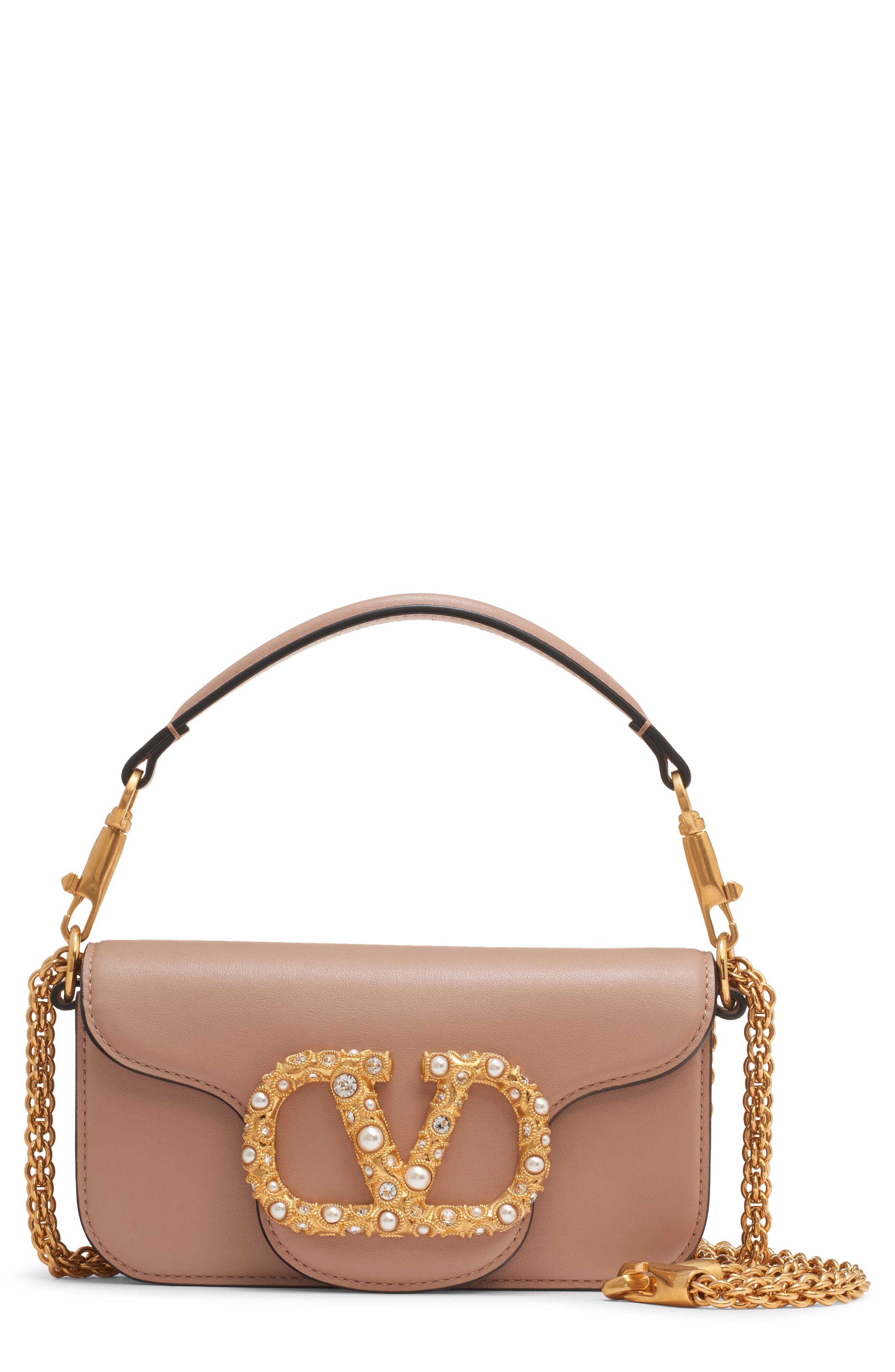 Valentino Garavani Small Locò Leather Shoulder Bag, Main, color, Rose Cannelle/ Cream Crystal
