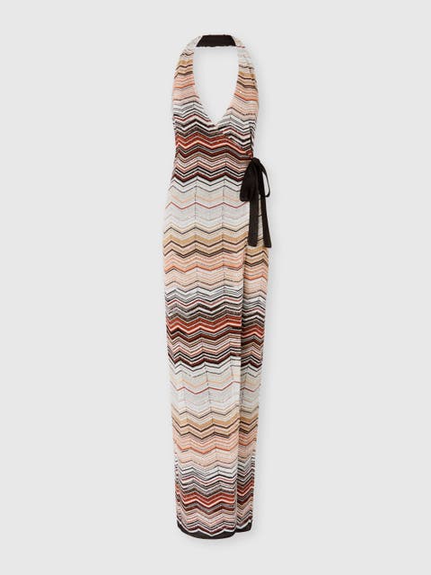 Sleeveless Long Dress In Viscose Chevron Lamé With Sequins