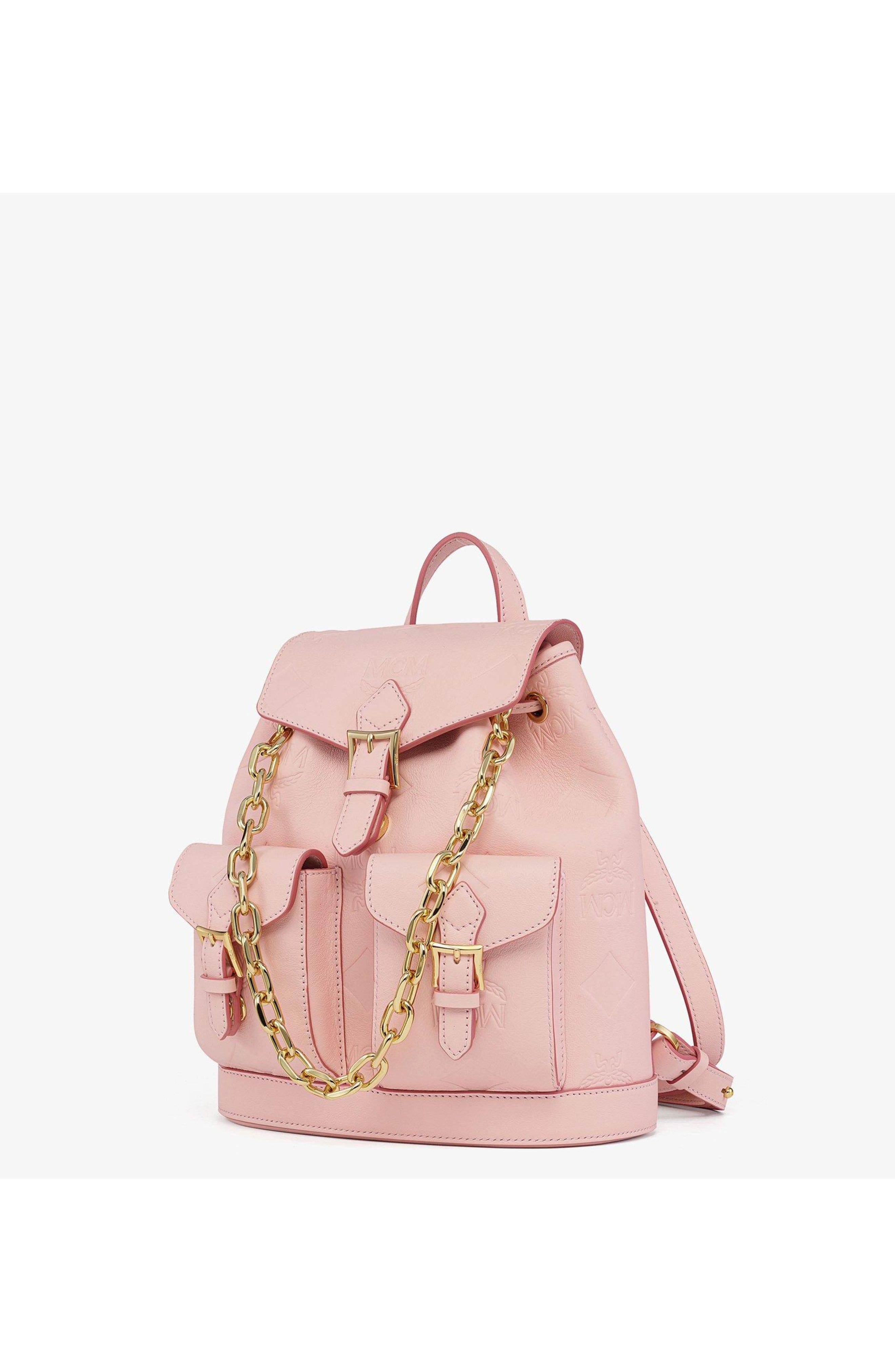 MCM Aren Drawstring Backpack in Maxi Monogram Leather, Alternate, color, Lotus Pink