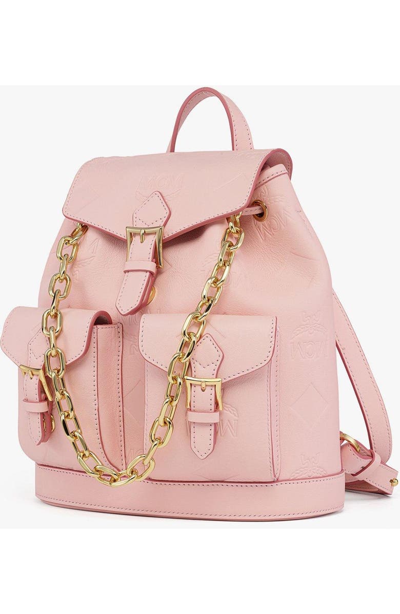 MCM Aren Drawstring Backpack in Maxi Monogram Leather, Alternate, color, Lotus Pink