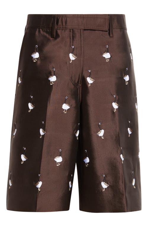Thom Browne Geese Embroidered Twill Wide Leg Shorts In Brown