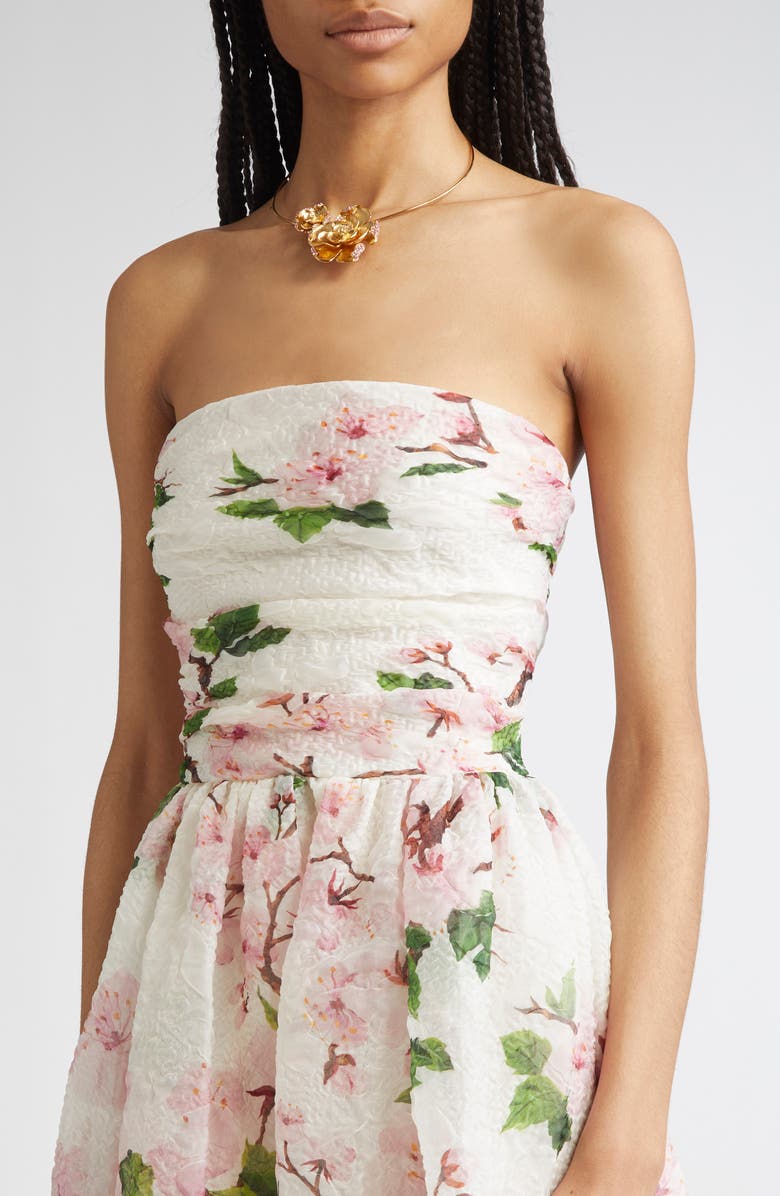 Oscar de la Renta Cherry Blossom Strapless Organdy Midi Dress, Alternate, color, Pink/ Ivory