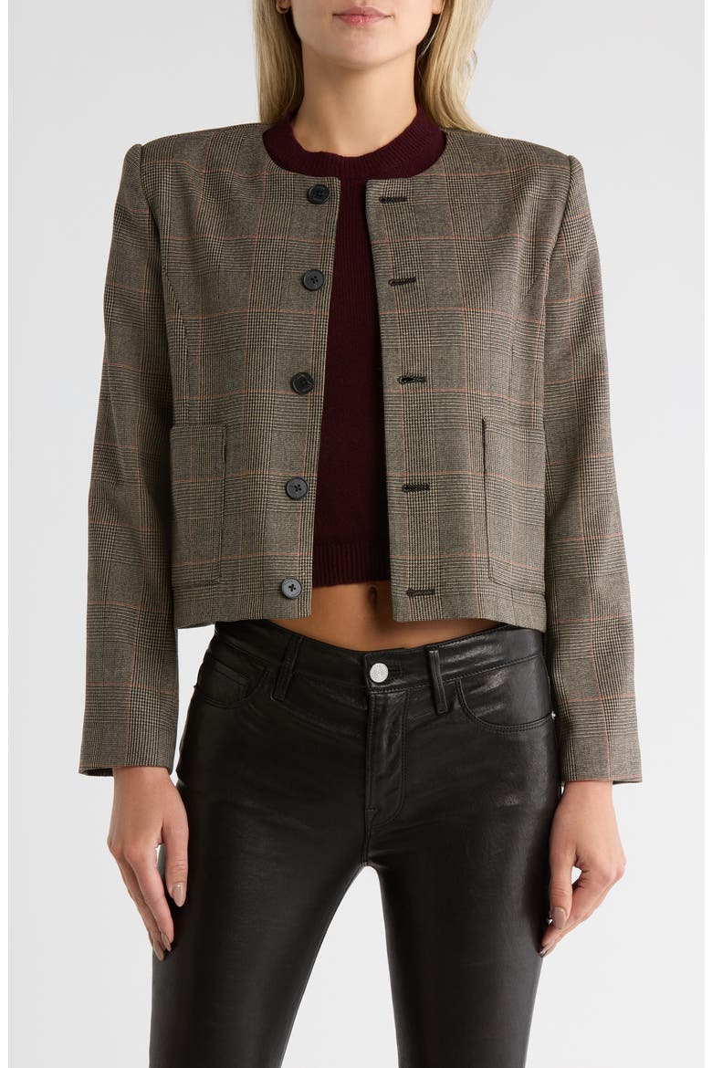 Plaid Collarless Jacket, Main, color, BROWN MULTI