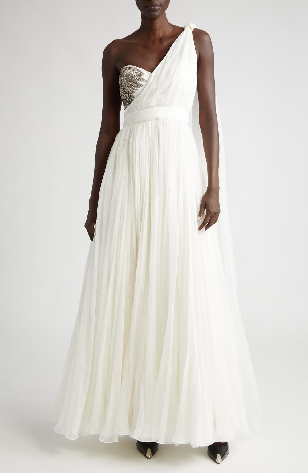 Crystal Embellished One-Shoulder Silk Chiffon Gown, color, 9027 SILK WHITE