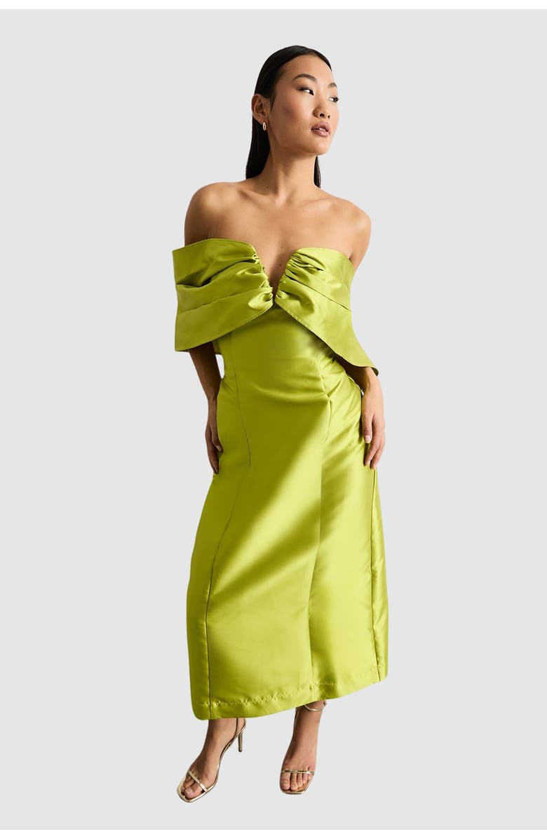 Warehouse Petite Satin Twill Bardot Midi Dress, Main, color, Chartreuse