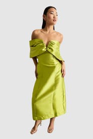 Warehouse Petite Satin Twill Bardot Midi Dress