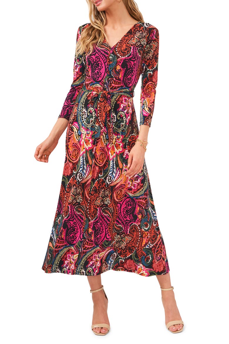 V-Neck Tie Waist Midi Dress, Main, color, BLACK/FUSCHIA/RUST