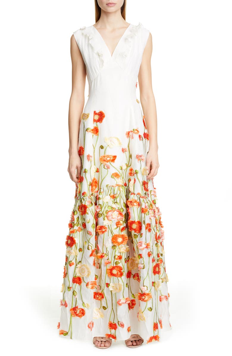 Malene Oddershede Bach Papaver Floral Fil Coupé Jacquard Gown, Main, color, White Poppy