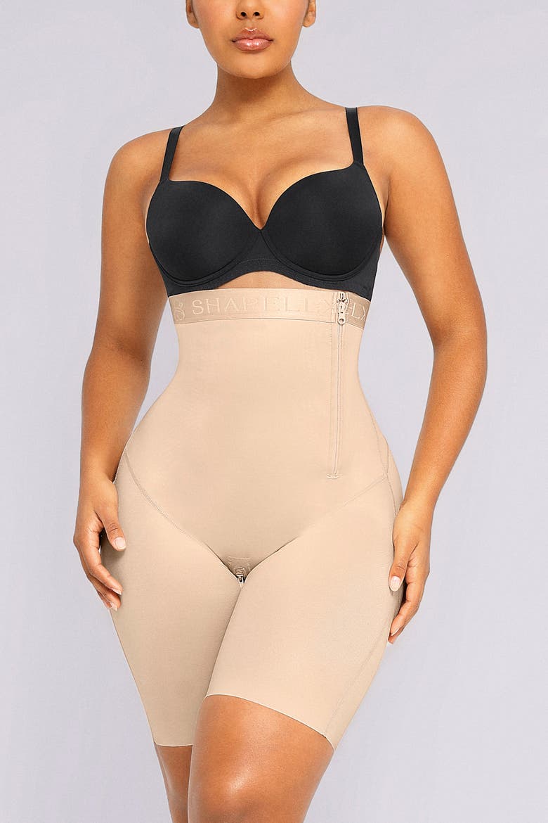 High Waist Sculpting Shorts with Side Zip, Main, color, Beige