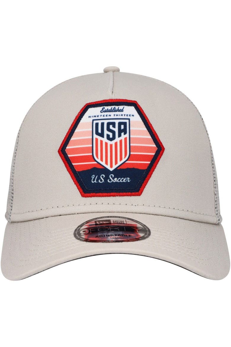 Men's New Era Khaki USMNT Established Patch 9FORTY A-Frame Trucker Adjustable Hat, Alternate, color, Khaki