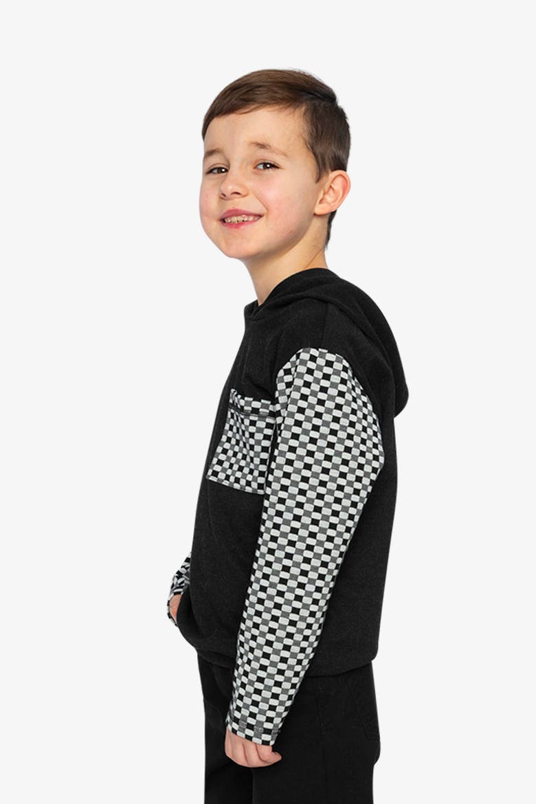 Colorblock Checkered Chest Pocket Hooded Top, Alternate, color, Black and White