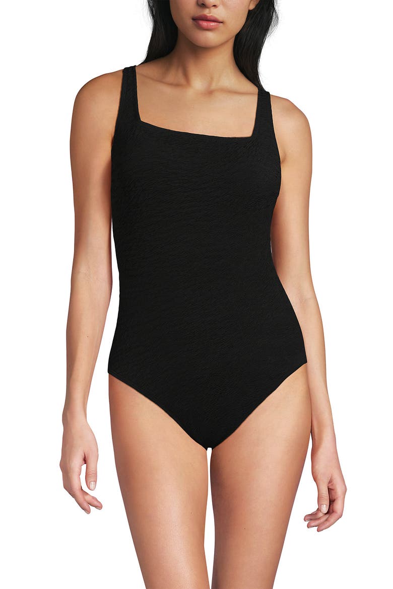 Womens Boucle Square Neck Scoop Back One Piece Swimsuit, Alternate, color, Black
