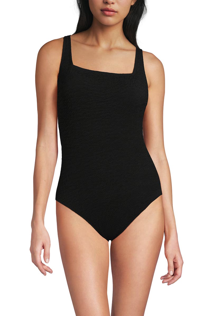 Lands' End Womens Boucle Square Neck Scoop Back One Piece Swimsuit, Alternate, color, Black