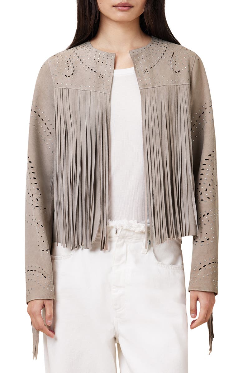 AllSaints Asta Studded Fringe Suede Jacket, Main, color, 