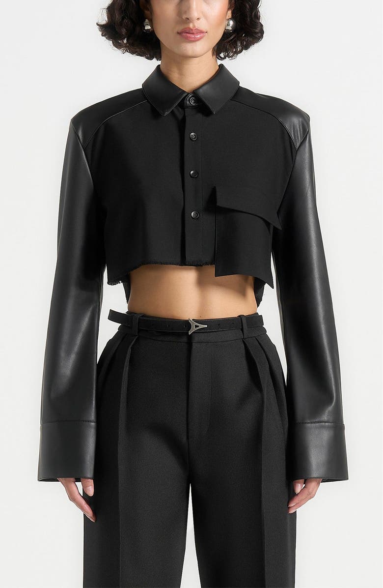 Manière De Voir Bernadette Leather Contrast Cropped Shirt, Alternate, color, Black