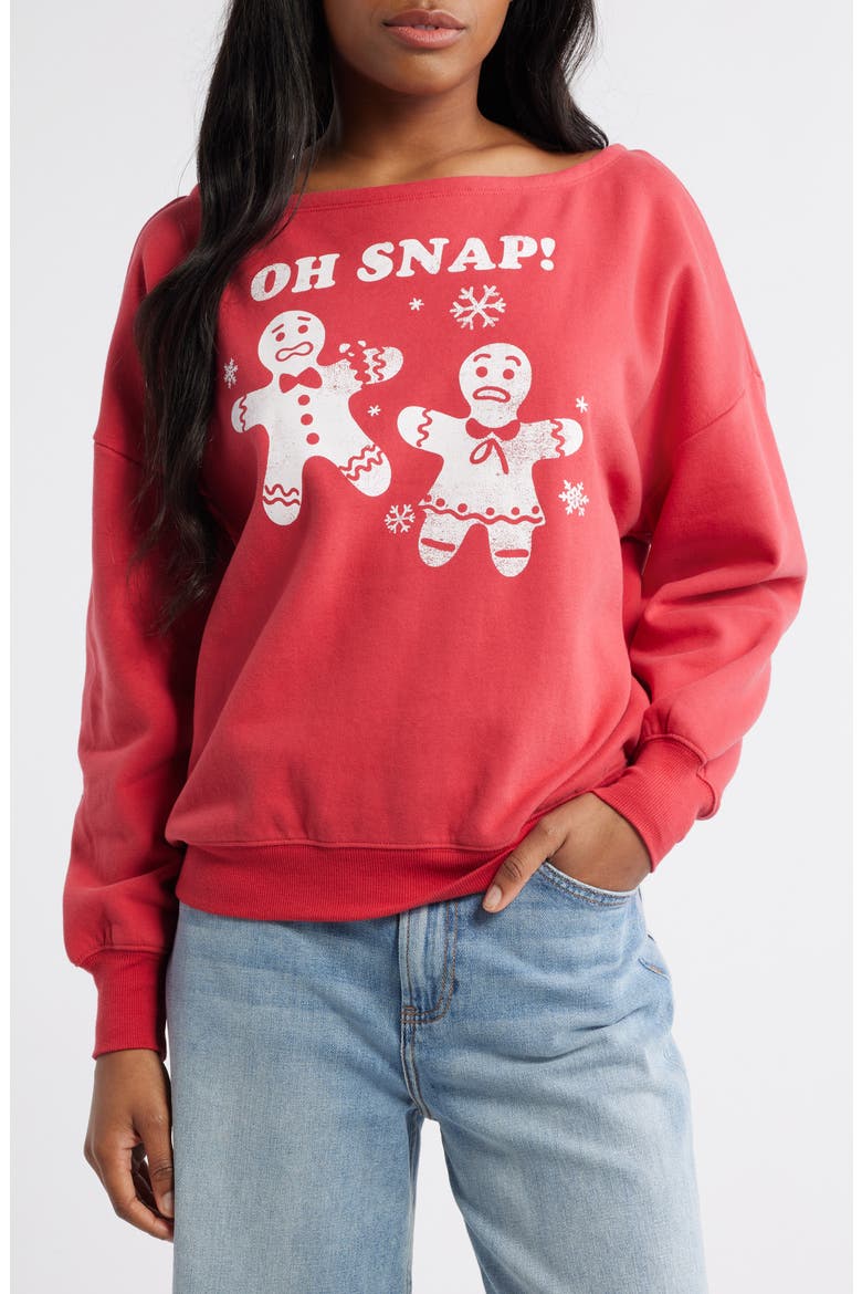 Oh Snap Holiday Off the Shoulder Graphic Fleece Sweatshirt, Main, color, RED