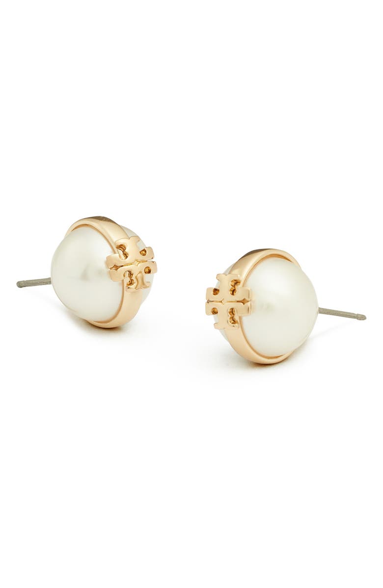 Tory Burch Moondance Faux Pearl Stud Earrings, Alternate, color, Light Brass / Pearl