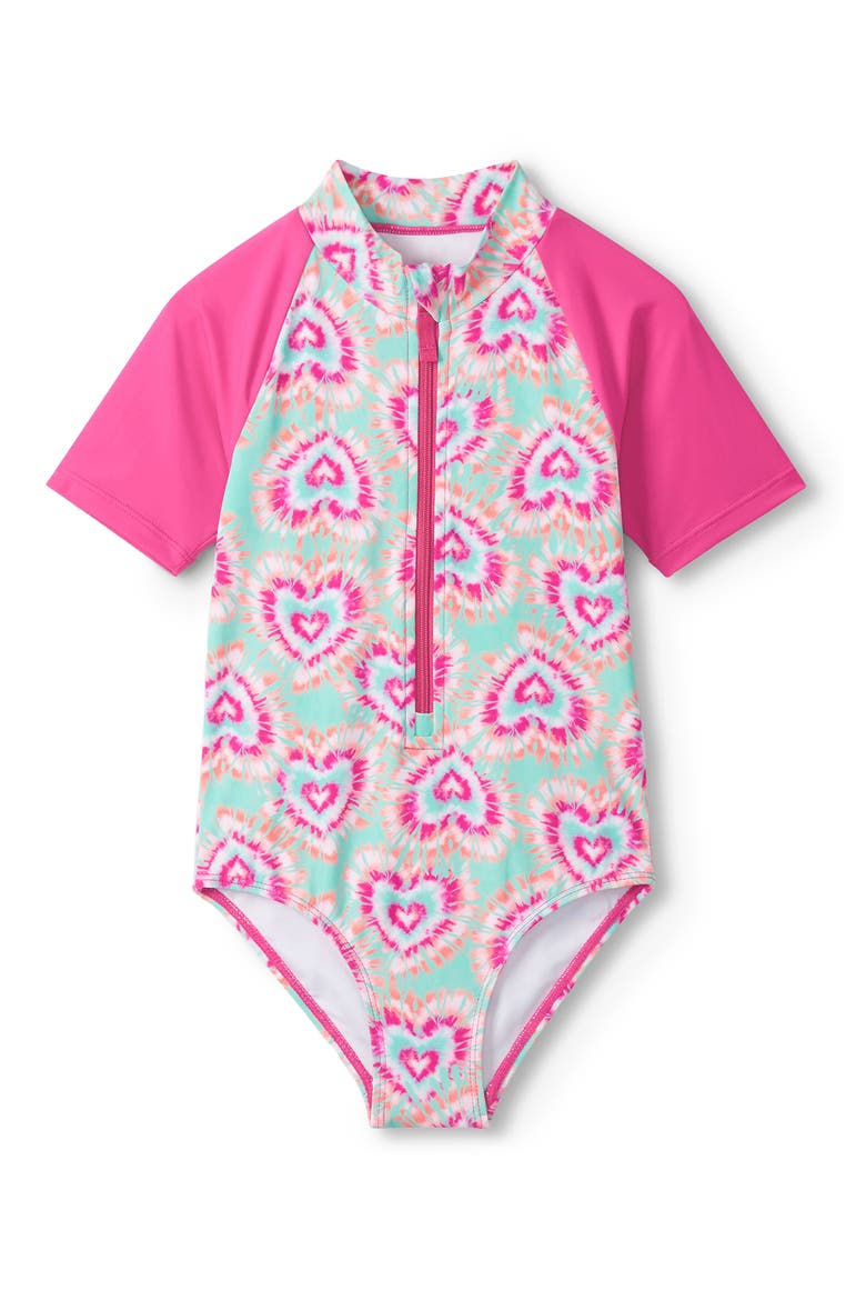 Kids' Glow Hearts Raglan Sleeve One-Piece Swimsuit, Main, color, GREEN/ PINK