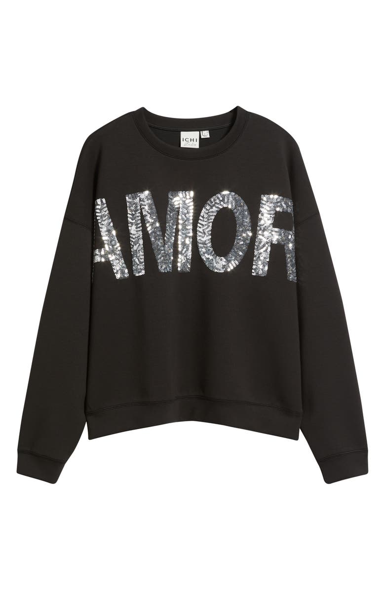 ICHI Ihkelicia Amor Sequin Appliqué Sweatshirt, Alternate, color, Black