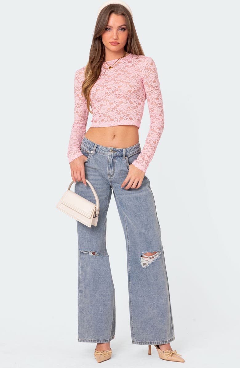 EDIKTED Estella Sheer Lace Crop Top, Alternate, color, Pink