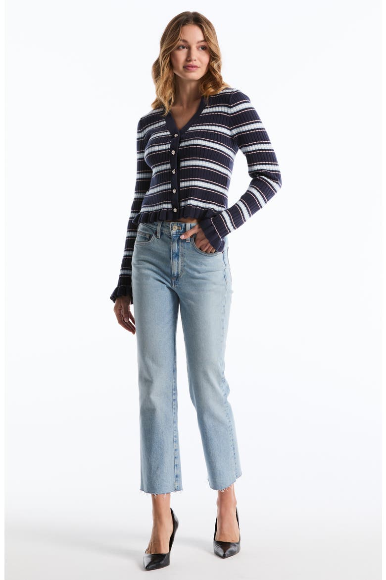 Ruffle Hem Cardigan, Alternate, color, PEACOAT STRIPE