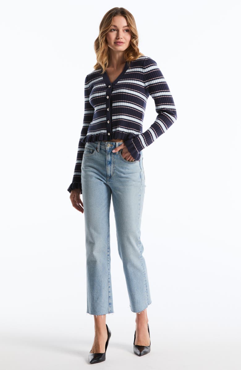 Laundry by Shelli Segal Ruffle Hem Cardigan, Alternate, color, Peacoat Stripe