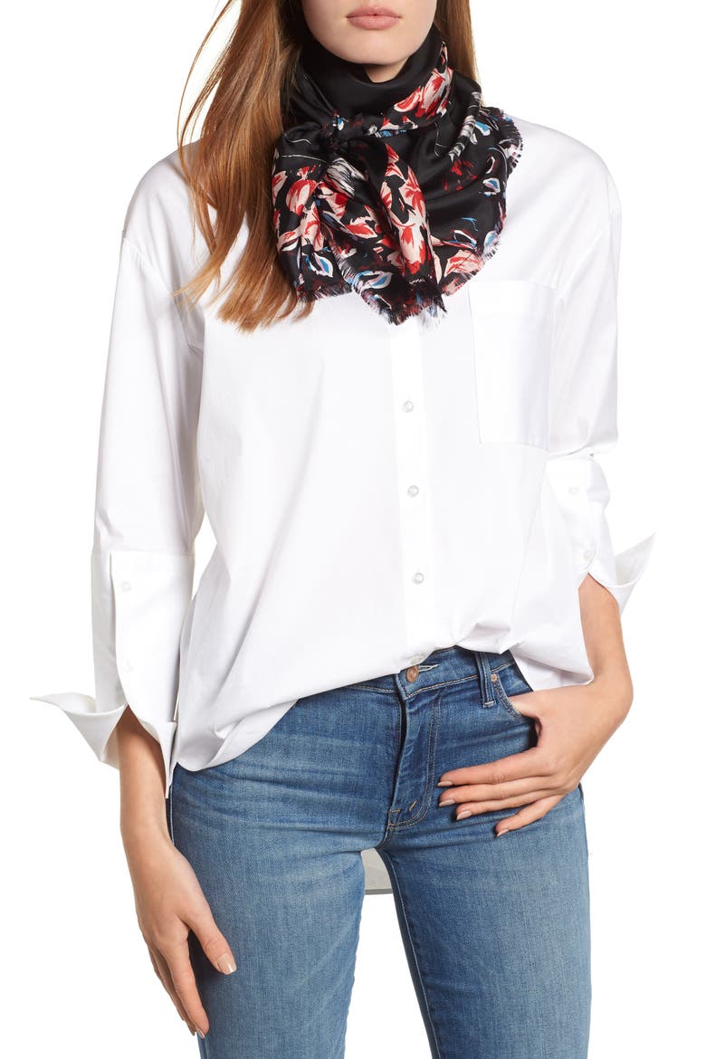 Floral Print Silk Twill Scarf, Main, color, BLACK MIRIAM PRINT