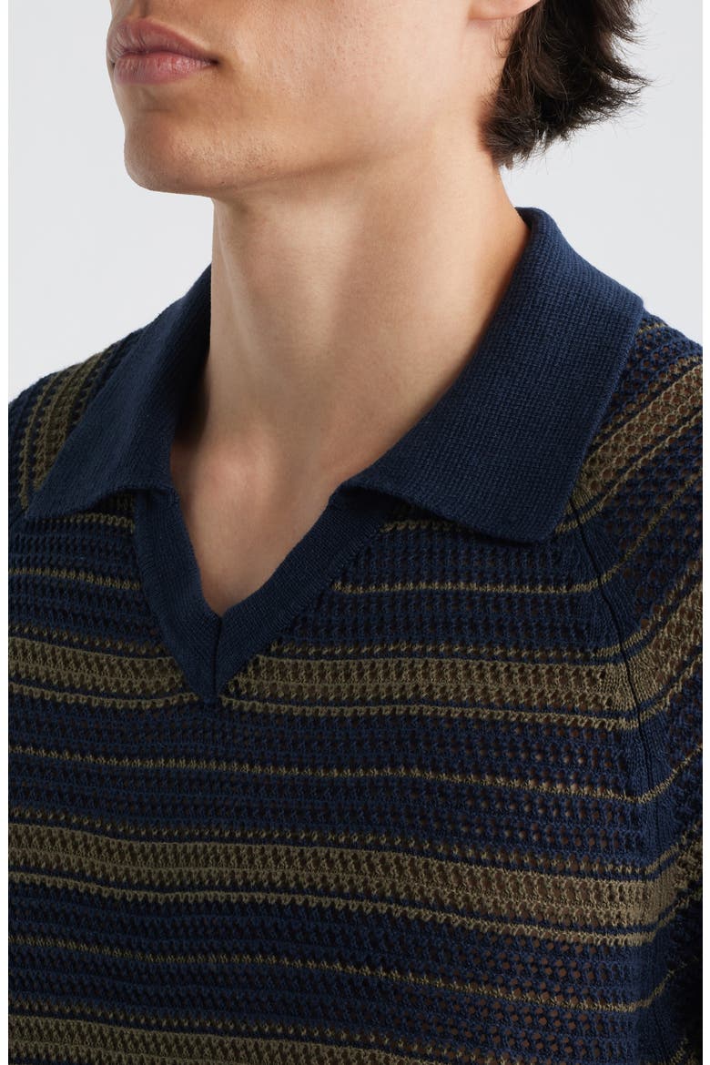 Cale 60056 Stripe Johnny Collar Openwork Linen & Cotton Polo Sweater, Alternate, color, CAPERS STRIPE