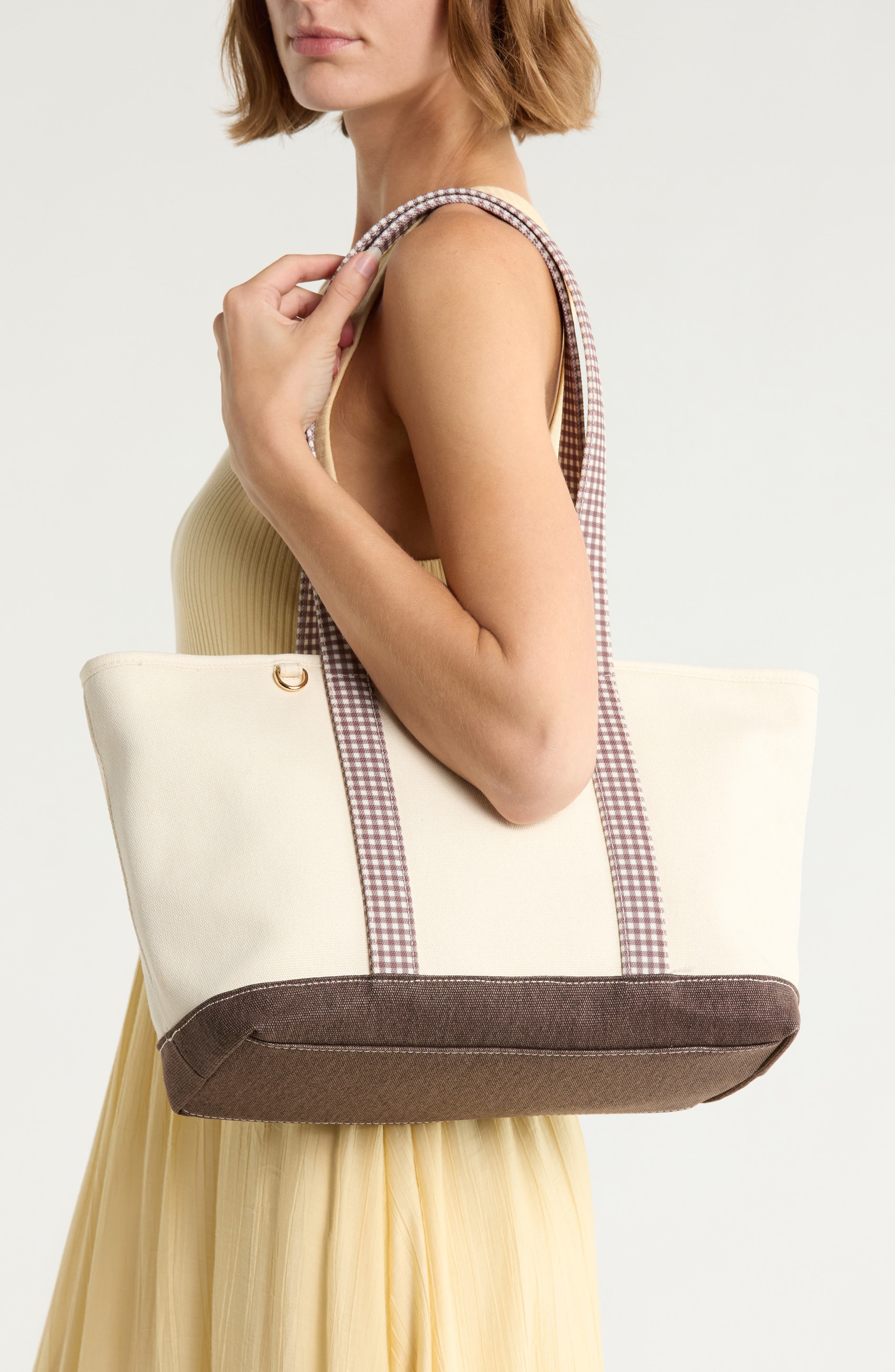 Gingham Trim Knit Tote, Alternate, color, SOFT BEIGE / BROWN GINGHAM