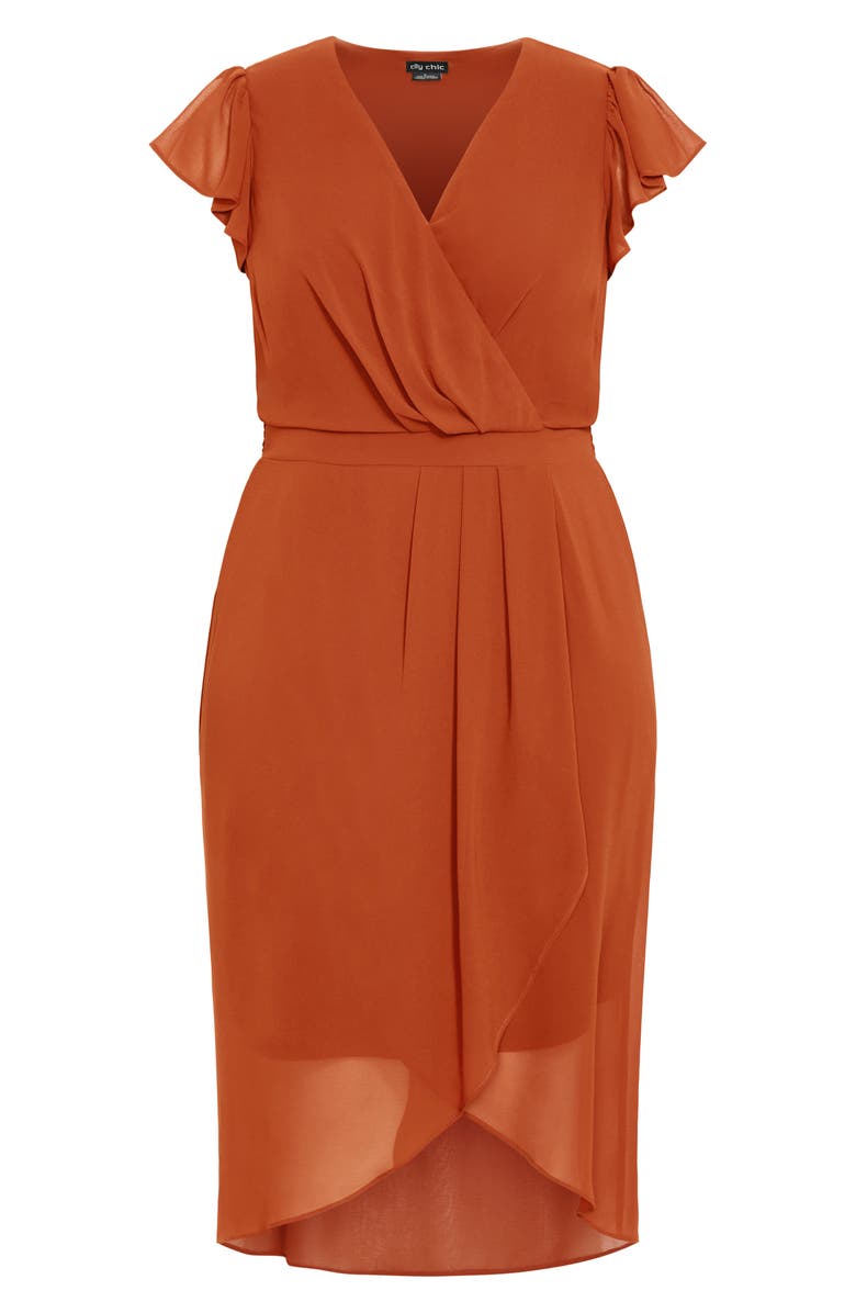 City Chic Pleated Flutter Sleeve Midi Dress, Alternate, color, Honey