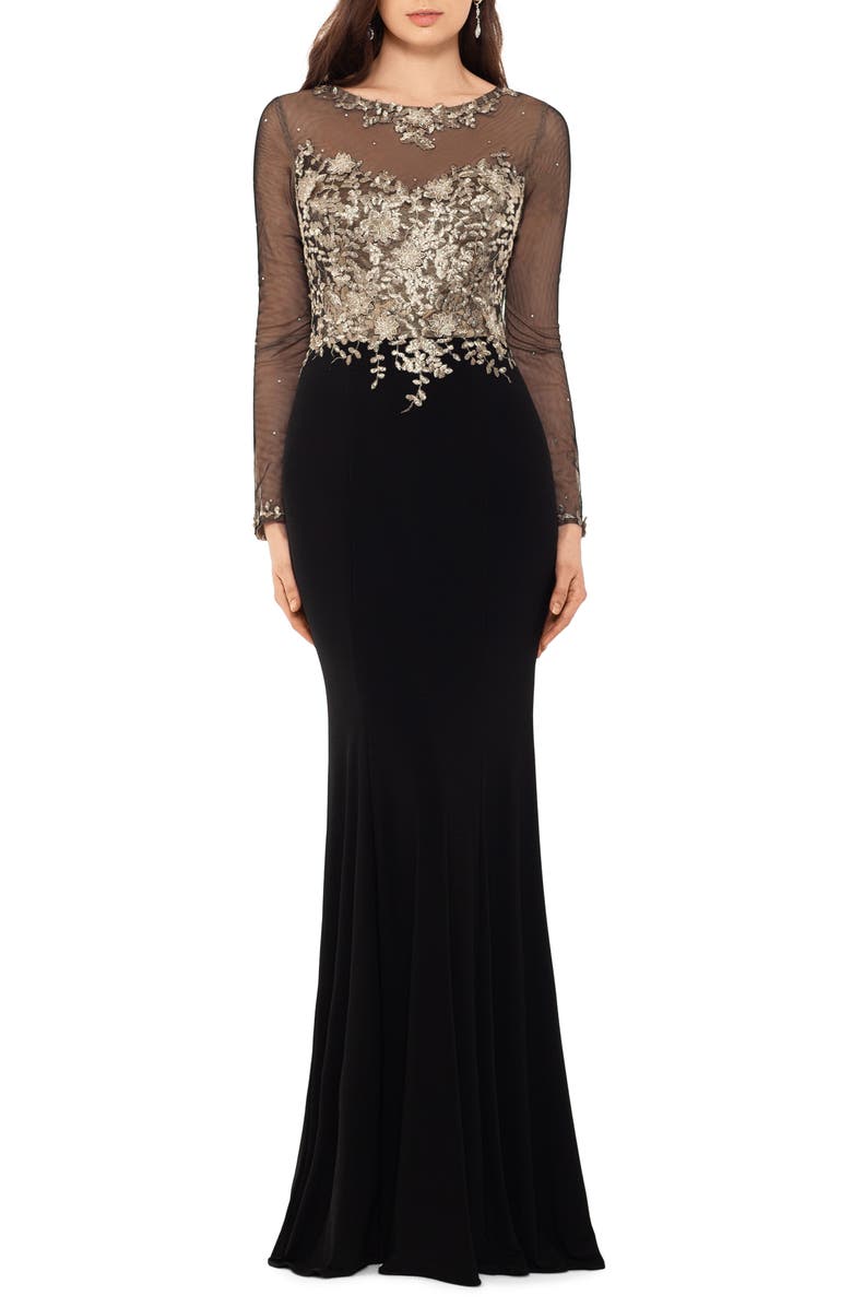 Xscape Evenings Xscape Embellished Long Sleeve Trumpet Evening Gown, Main, color, 