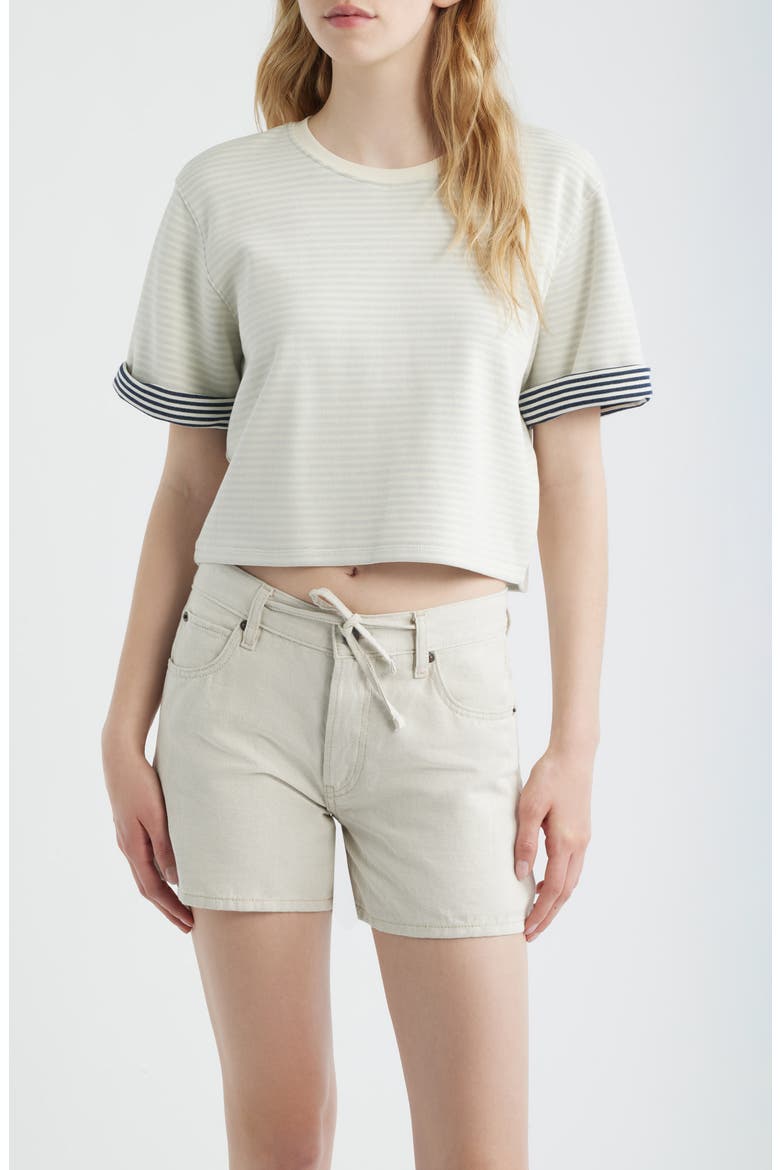 The Stripe Cuff Cotton Blend crop T-Shirt, Main, color, CREAM MULTI