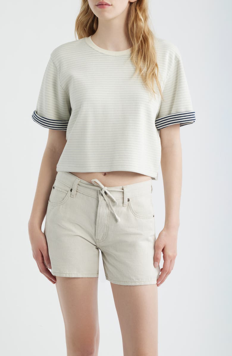 FRAME The Stripe Cuff Cotton Blend crop T-Shirt, Main, color, Cream Multi